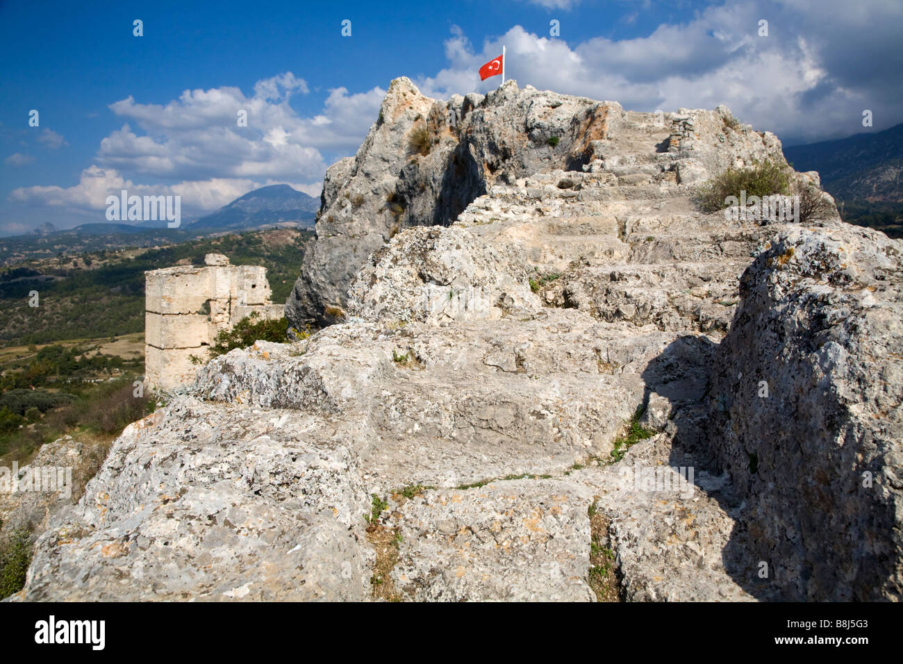The remains of the ancient stone castle walls of Kanli Agi on Acropolis Hill in Tlos Turkey Stock Photo