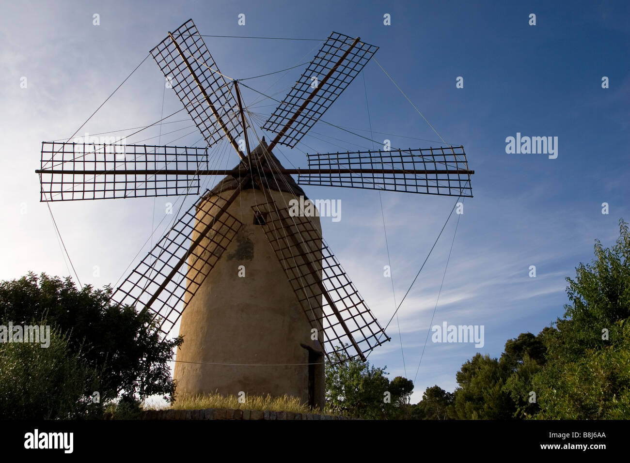 The restored windmill in the Mallorcan town of Andratx, known locally as the Moli Sa Planete. Stock Photo