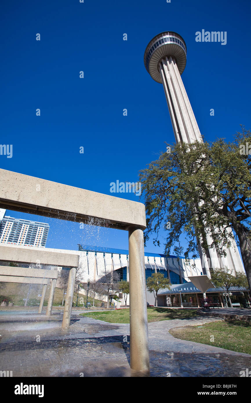 Fountains and the Tower of the Americas in downtown San Antonio Texas