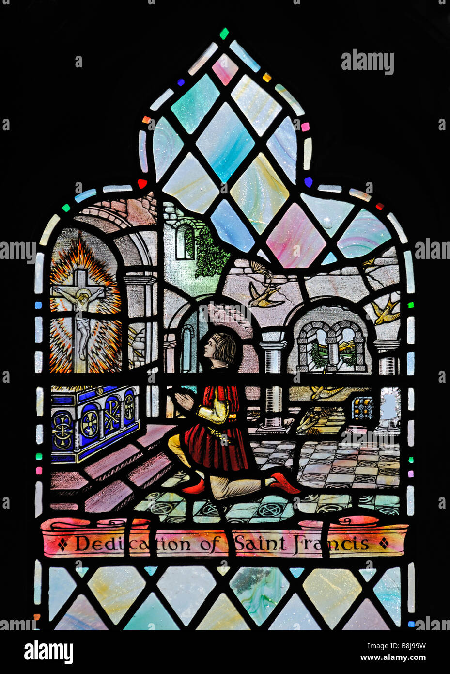 Dedication of Saint Francis, Saint Francis window (detail). Holy Trinity Church, Chapel Stile, Langdale. Lake District, Cumbria. Stock Photo