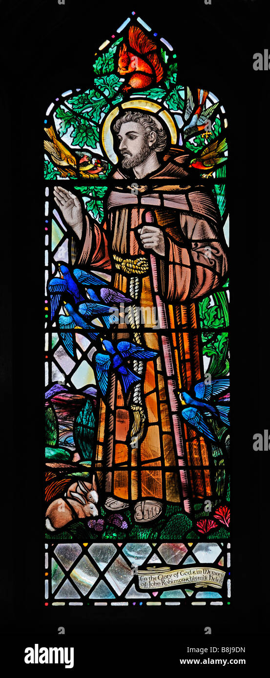 Saint Francis window,(detail). Holy Trinity Church, Chapel Stile, Langdale. Lake District National Park, Cumbria, England, U.K. Stock Photo