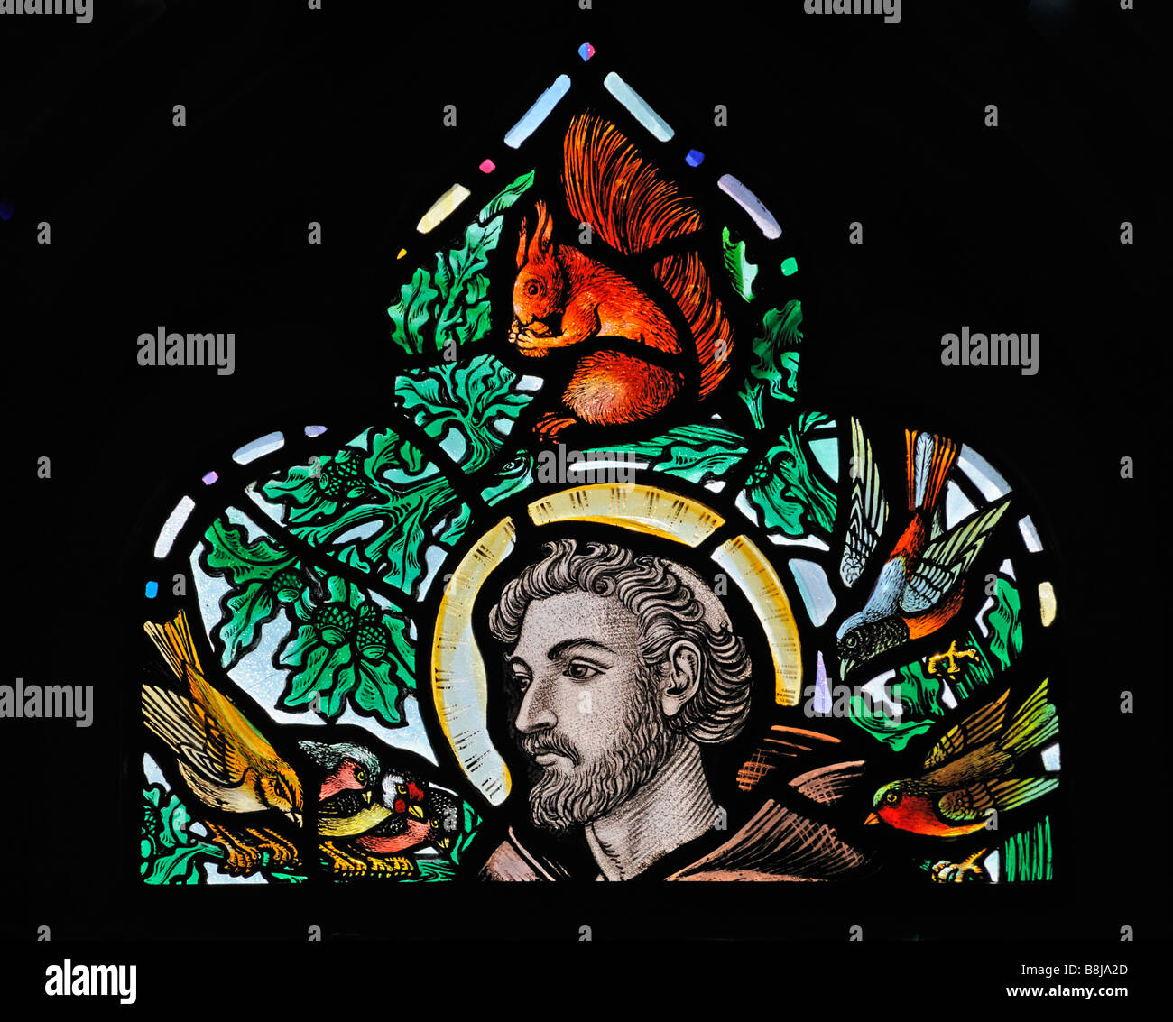 Saint Francis window, (detail). Holy Trinity Church, Chapel Stile, Langdale. Lake District National Park, Cumbria, England, U.K. Stock Photo