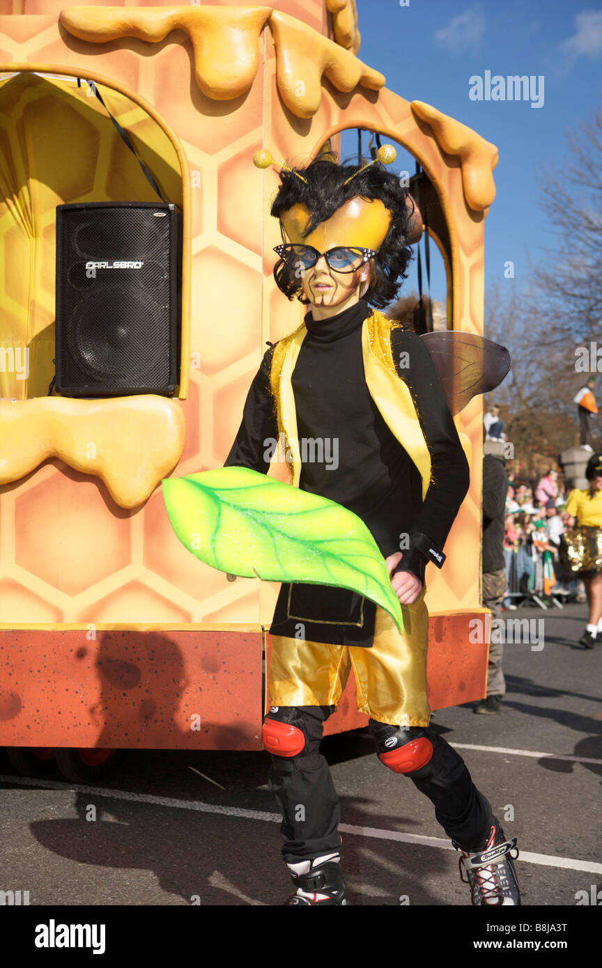 Participants, spectators and characters and parade onlookers in the St Patricks Day parade, Dublin, Ireland Stock Photo