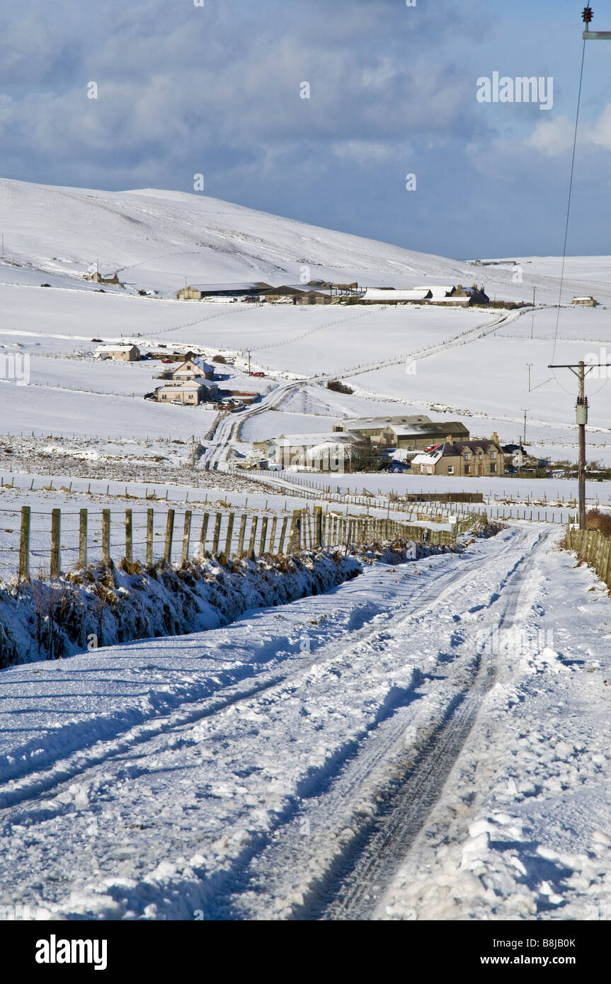 dh  ROADS UK Icy snowy road snow fields farmhouses Orkney winter farm lane country uk Stock Photo