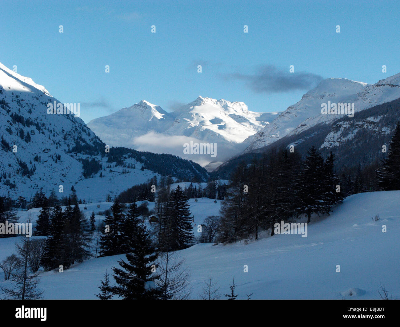 View down valley at Val Cenis in the French Alps. Stock Photo