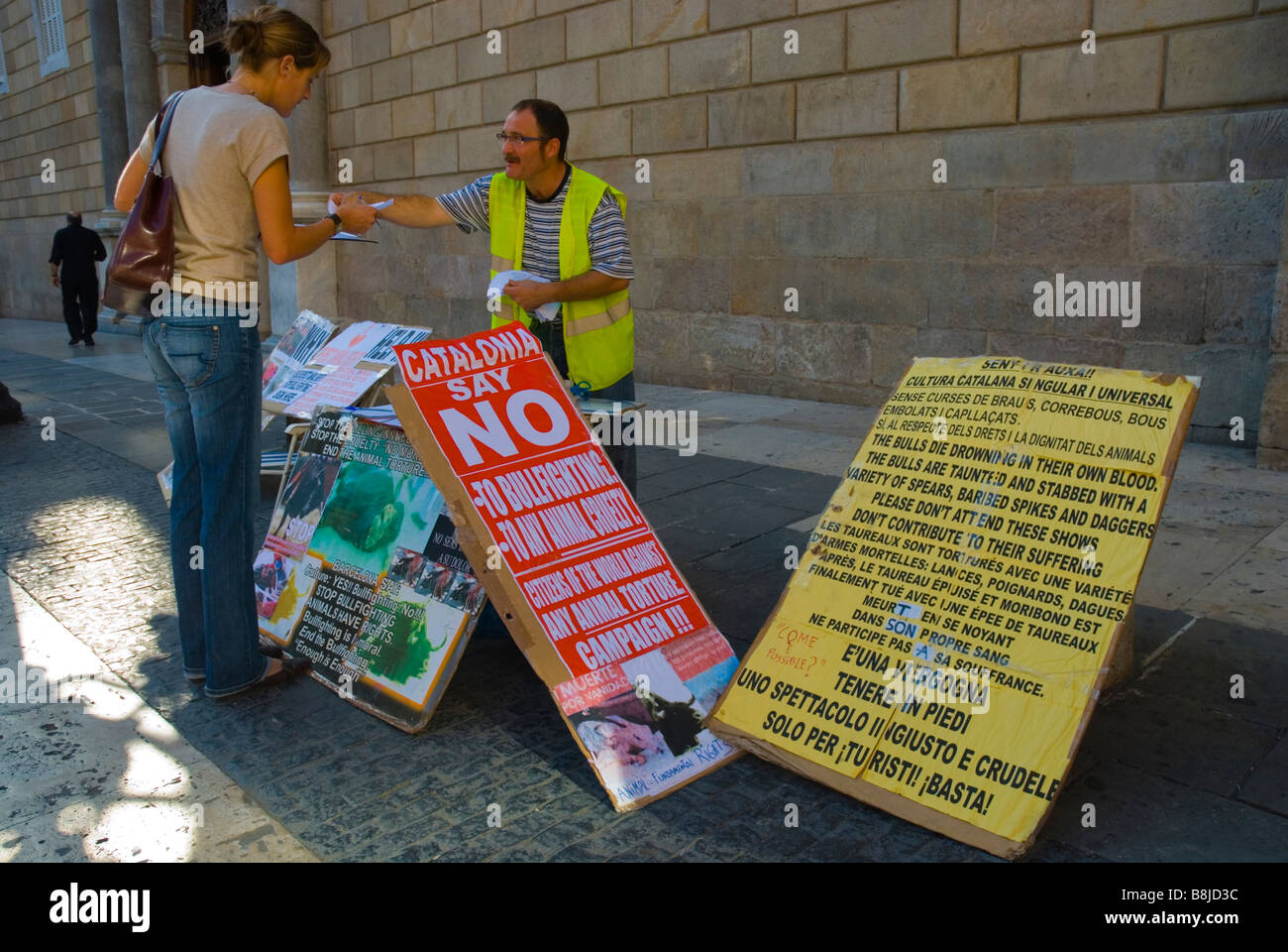 Campaign against bullfighting at Placa de Sant Jaume in Barri Gotic district of Barcelona Spain Europe Stock Photo