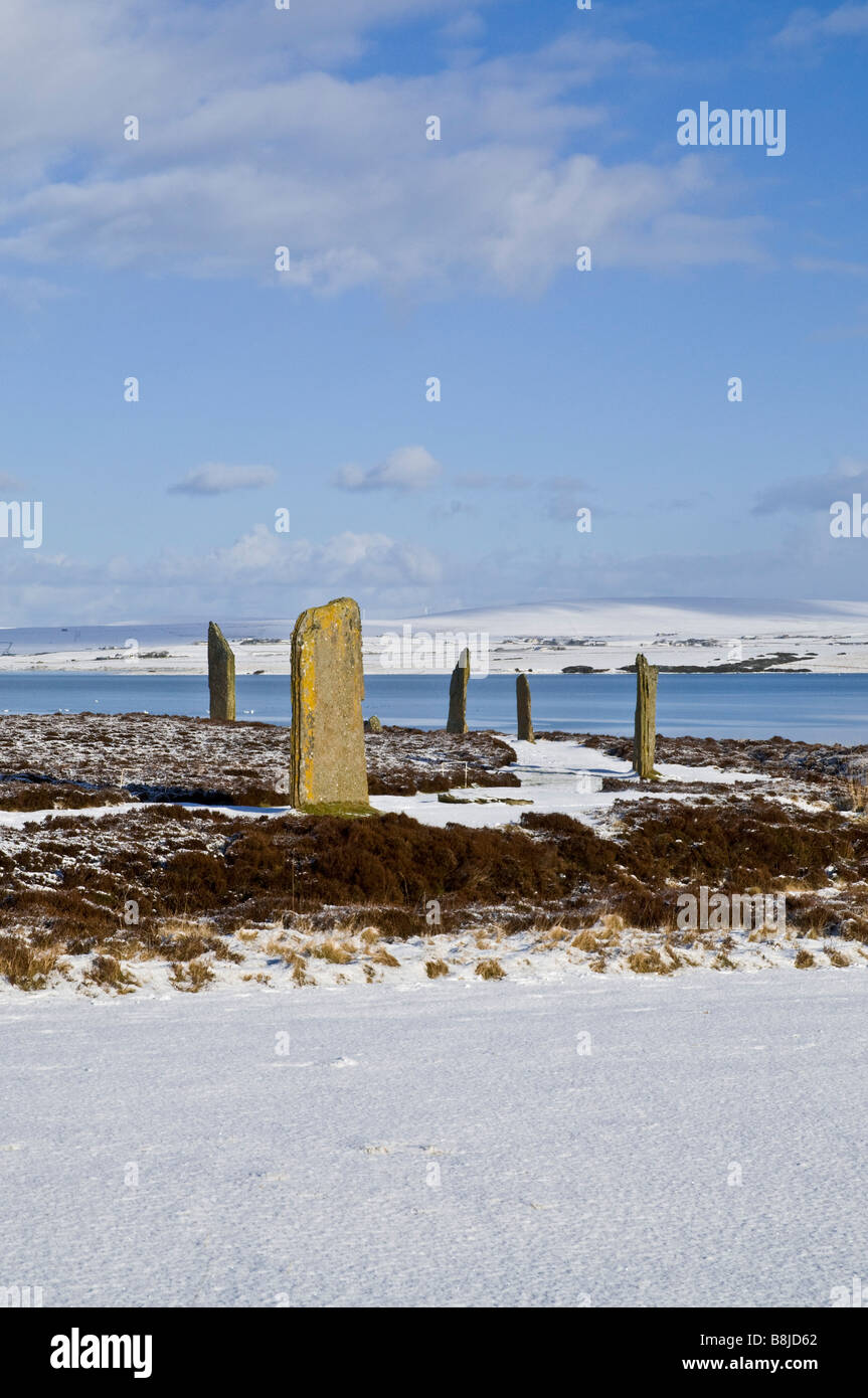 dh  RING OF BRODGAR ORKNEY Stone circle henge snowscape Harray Loch winter countryside prehistory Stock Photo