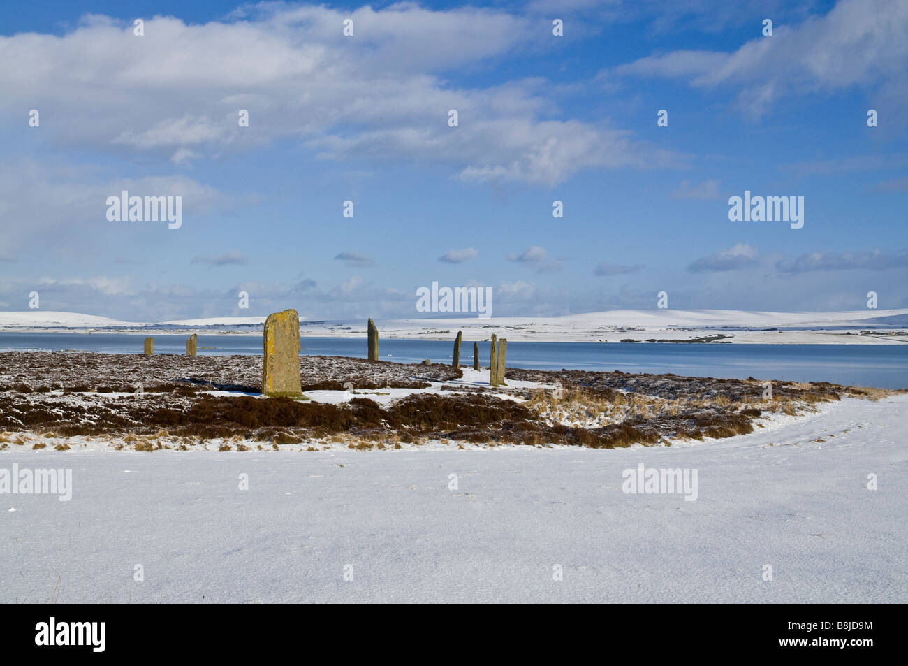 dh  RING OF BRODGAR ORKNEY Stone circle henge snow landscape Harray Loch prehistoric snowscape winter Stock Photo