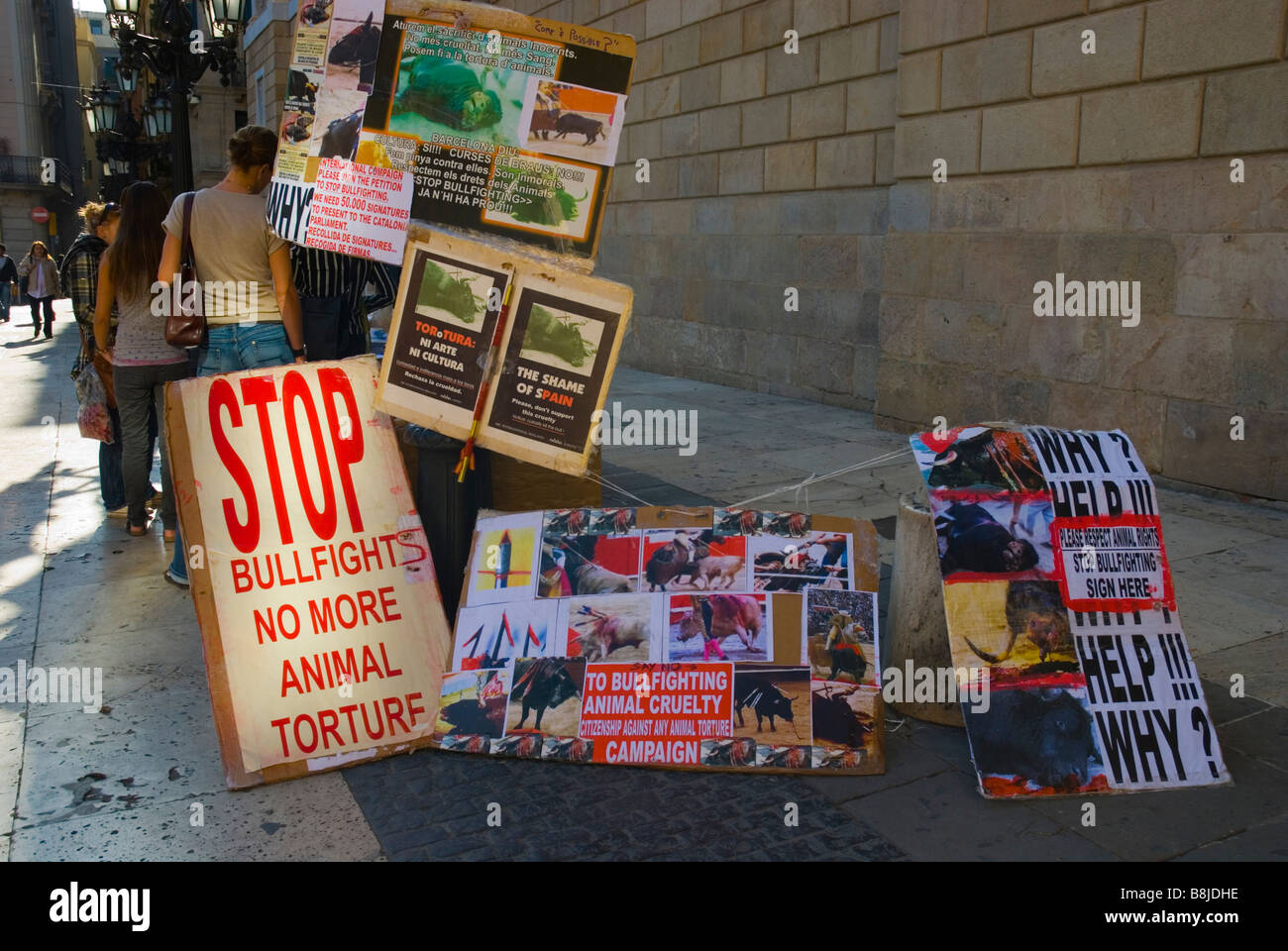 Campaign against bullfighting at Placa de Sant Jaume in Barri Gotic district of Barcelona Spain Europe Stock Photo