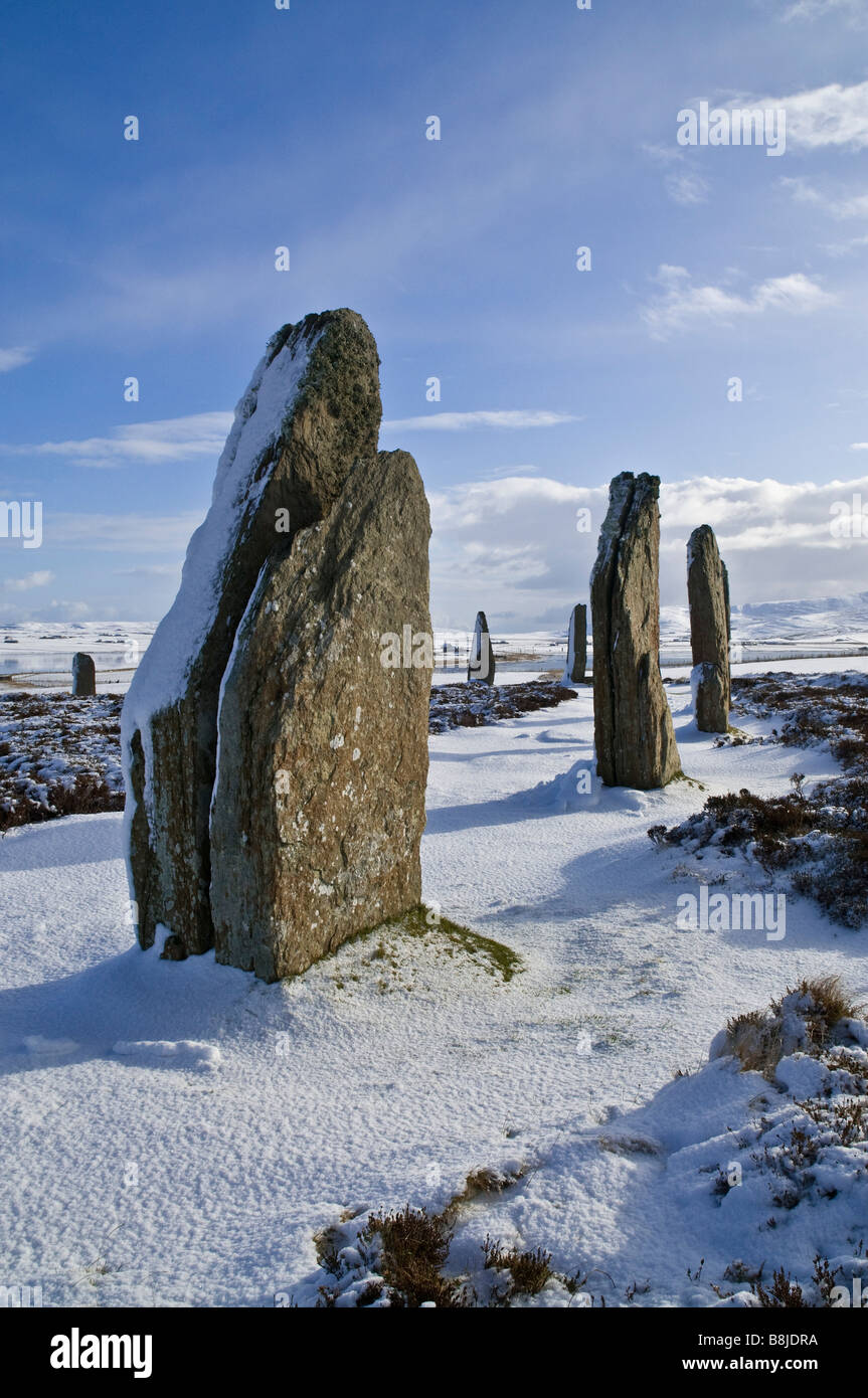 dh Neolithic standing stone RING OF BRODGAR ORKNEY White winter snow weather world heritage site uk stones circle henge sites scotland bronze age era Stock Photo