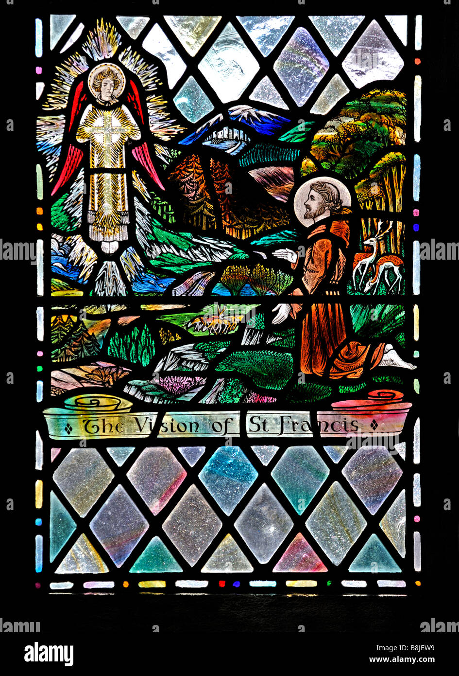 The Vision of St.Francis, Saint Francis window, (detail). Holy Trinity Church, Chapel Stile, Langdale. Lake District, Cumbria. Stock Photo