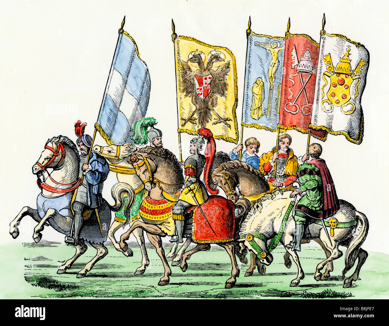 Entry of Holy Roman Emperor Charles V and Pope Clement VIII into Bologna. Hand-colored woodcut Stock Photo