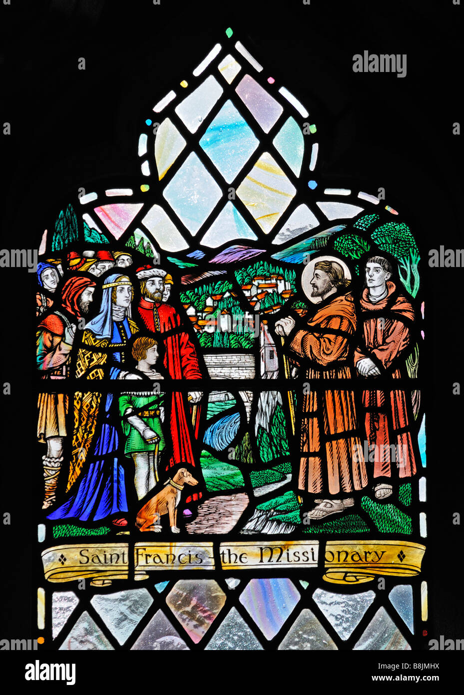 Saint Francis the Missionary, Saint Francis window,(detail). Holy Trinity Church, Chapel Stile, Langdale. Lake District, Cumbria Stock Photo