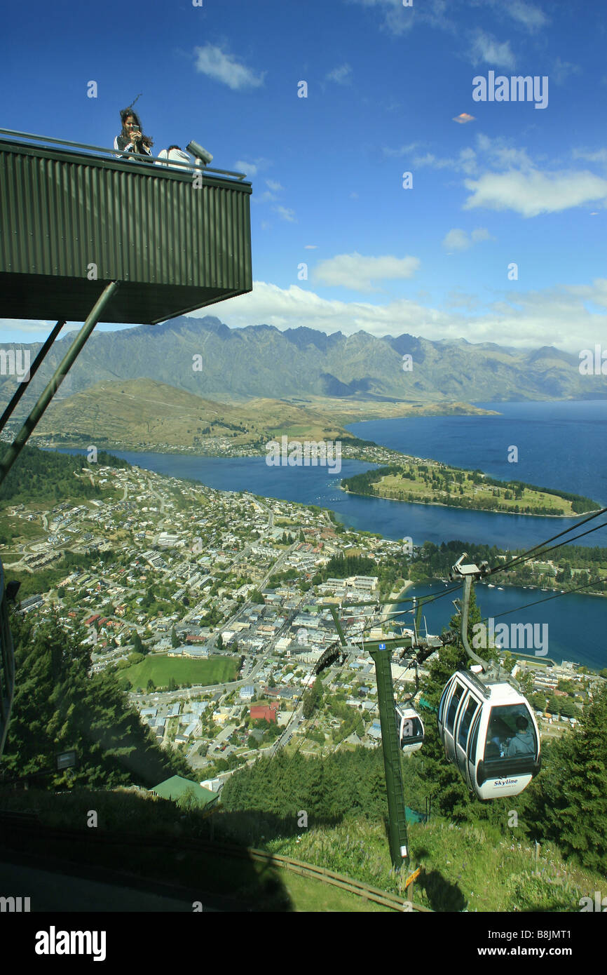 the viewing platform at the top of the cable car in Queenstown, New Zealand with Lake Wakatipu  and The Remarkables below Stock Photo