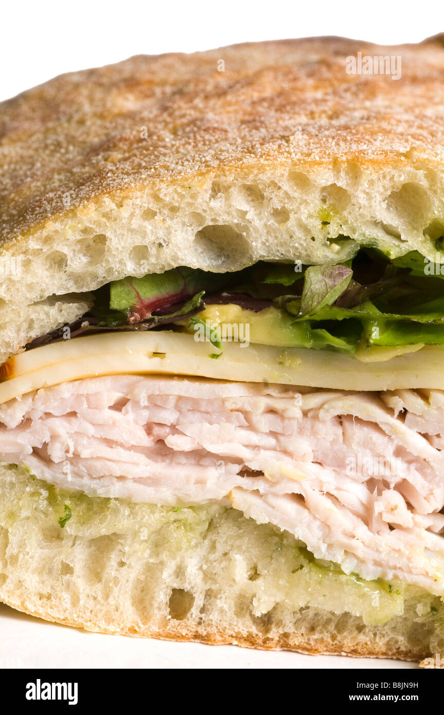 gourmet turkey chicken sandwich muenster cheese on ciabatta bread Stock