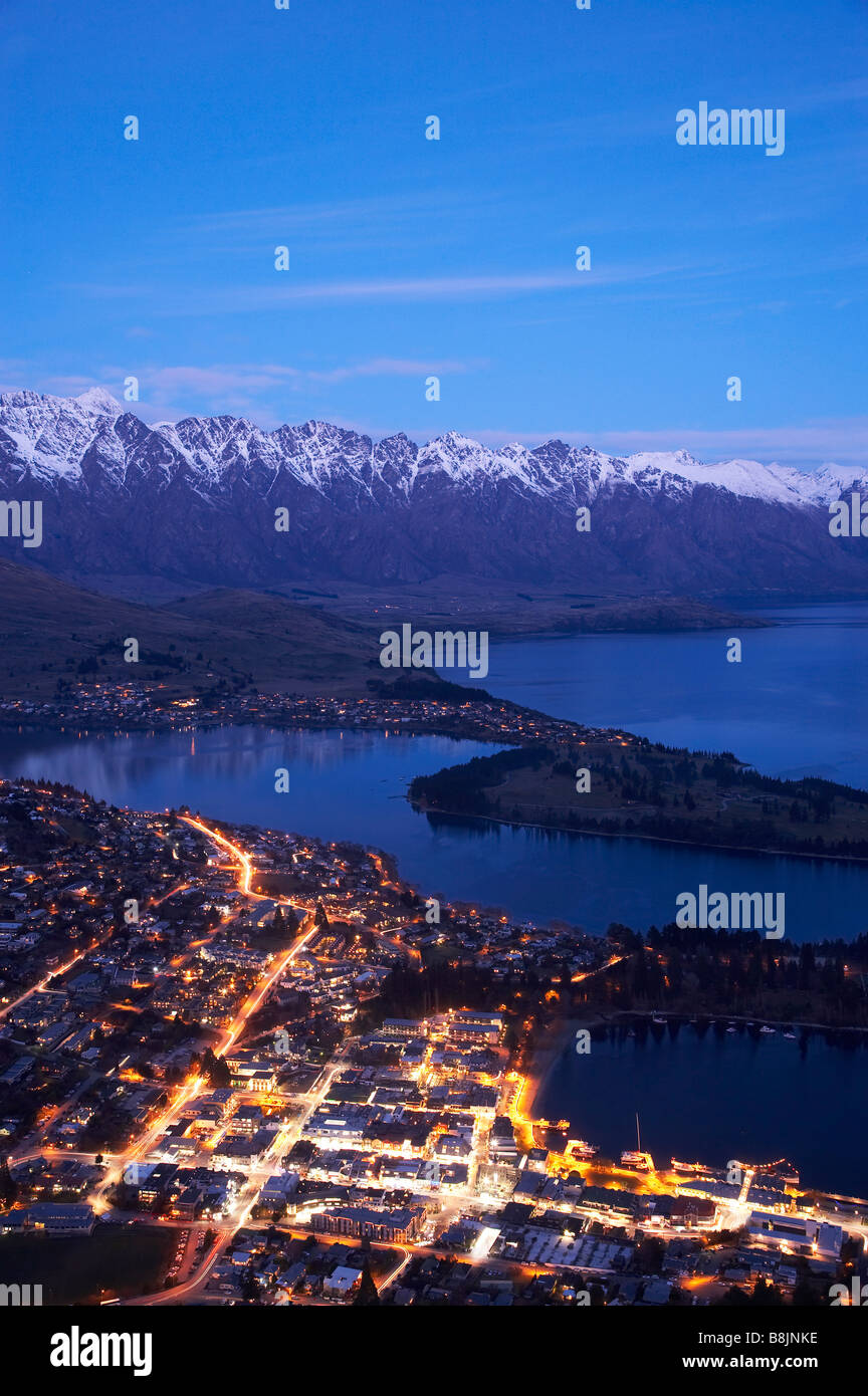 Dusk over Queenstown and Lake Wakatipu South Island New Zealand Stock Photo