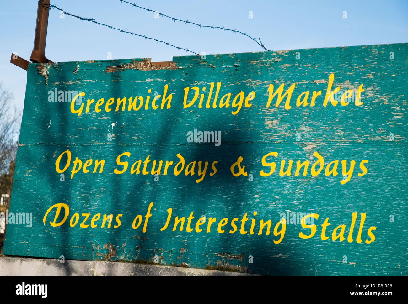 A signboard for Greenwich Village Market, London England UK Stock Photo