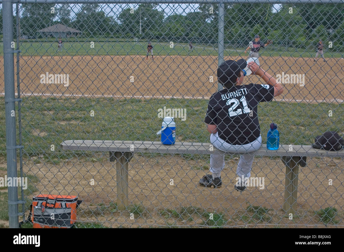 Little League baseball player drinks water sitting on bench, Ohio USA sports drinking Stock Photo