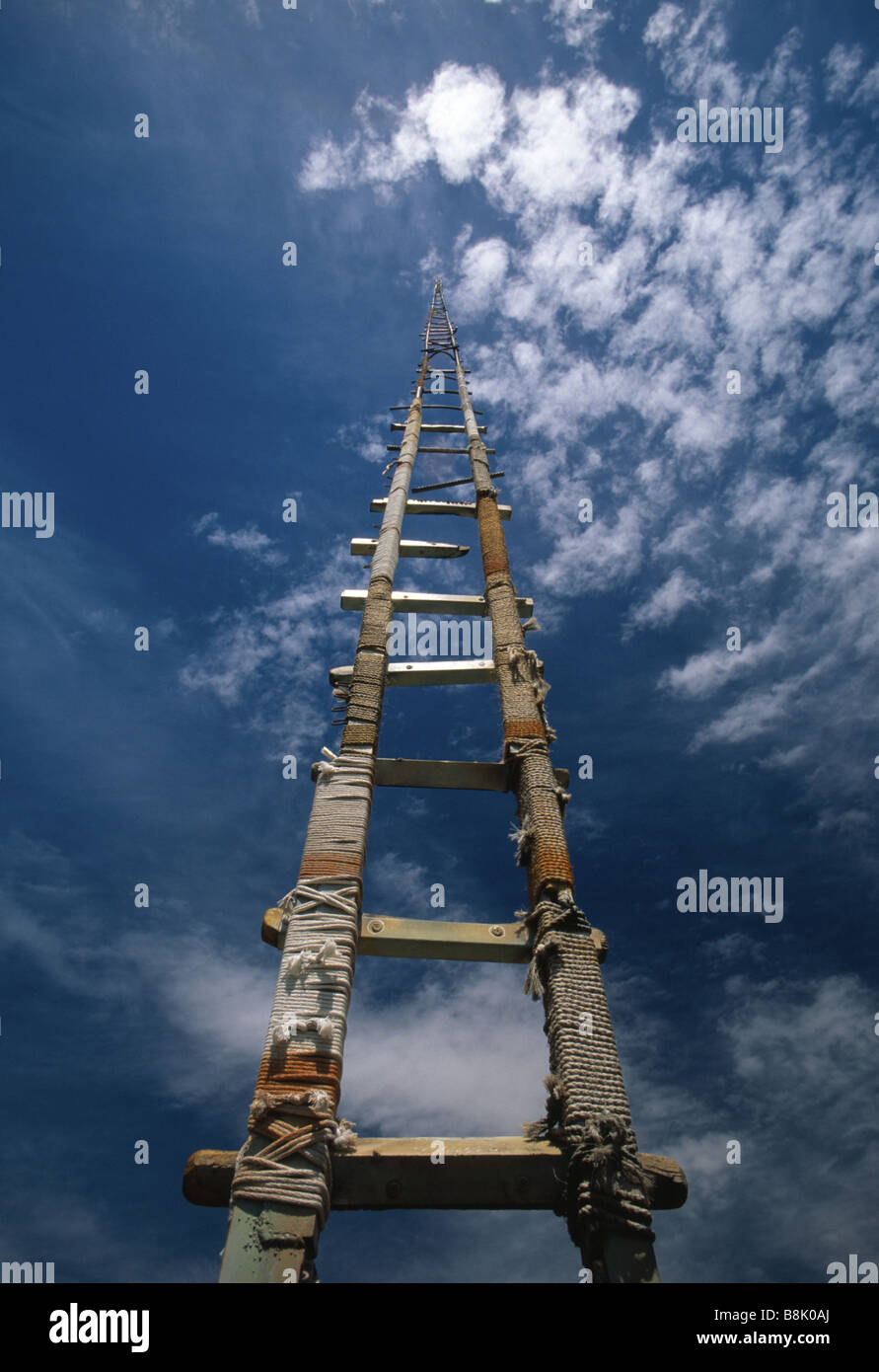 Ladder ascends into blue sky Stock Photo