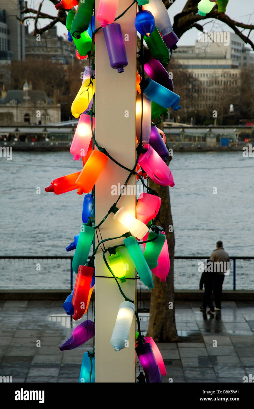Colourful Lantern/recycled bottle lights at London's South Bank Stock Photo