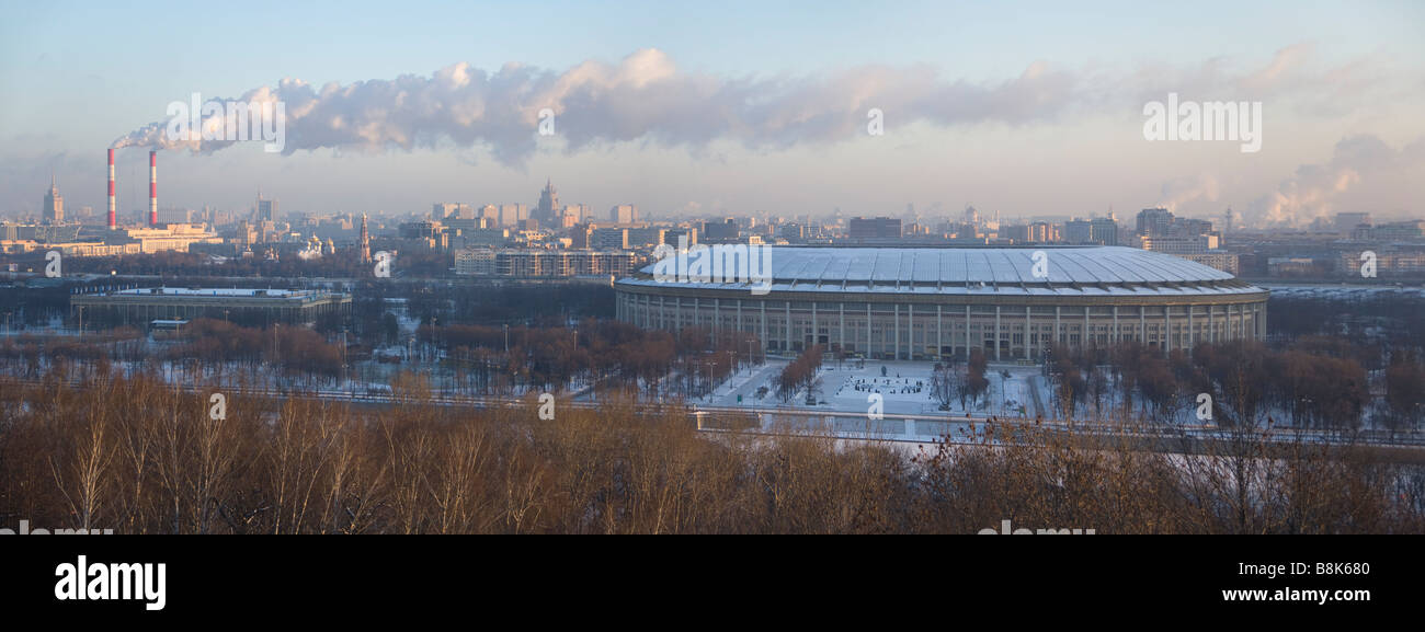 View of Moscow from the Sparrow Hills, Moscow, Russia. Luzhniki Stadium as seen from Sparrow Hills. Stock Photo