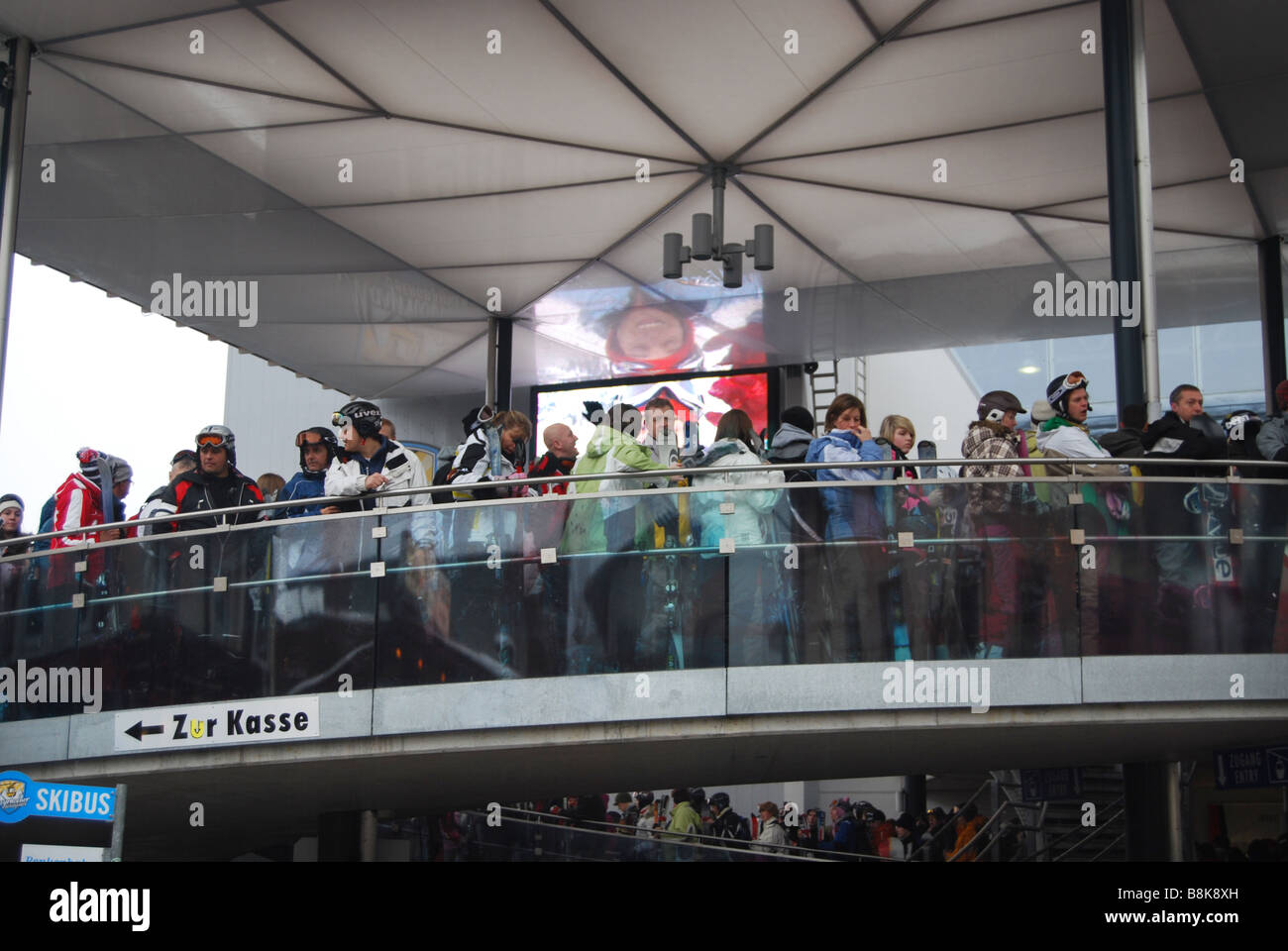 skiers queuing for Penkenbahn, Mayrhofen Tyrol Austria Stock Photo