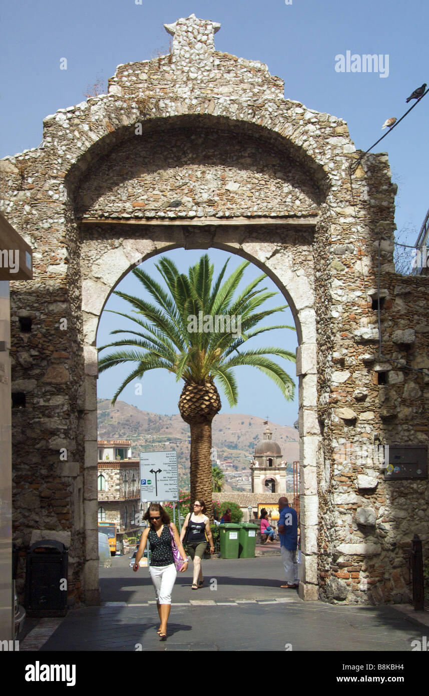 Porta Messina ancient main gate to Taormina Sicily Italy Stock Photo
