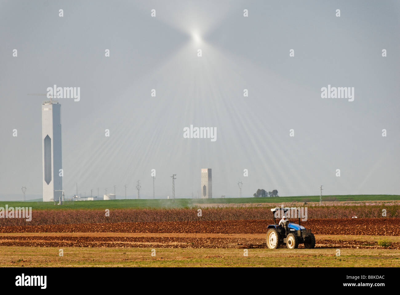 The PS20 solar tower power plant under construction will produce thermoelectric power from the sun -  Abengoa Solúcar Spain Stock Photo