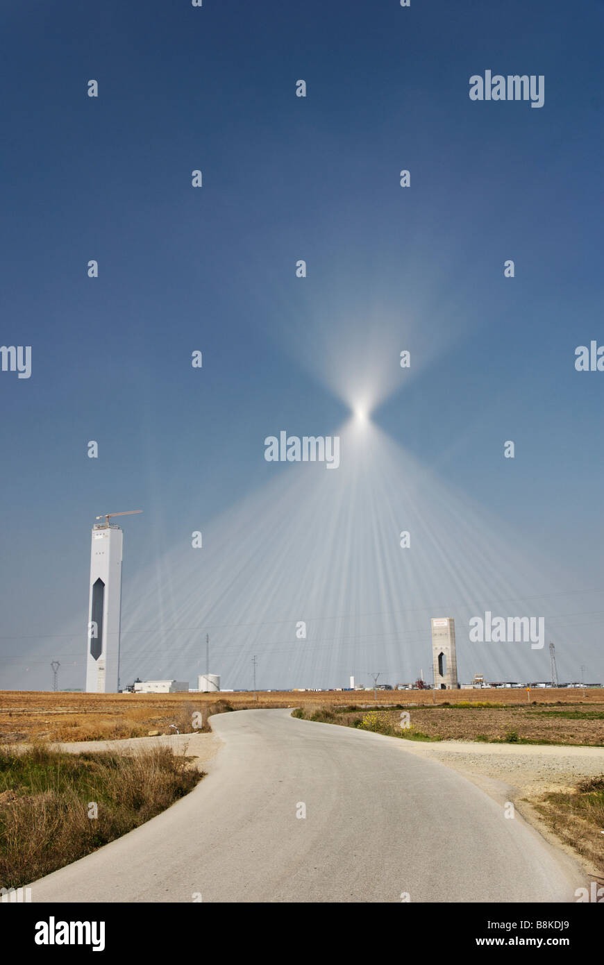 The PS20 solar tower power plant under construction will produce thermoelectric power from the sun -  Abengoa Solúcar Spain Stock Photo