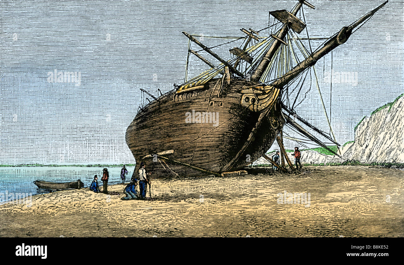 The Beagle, beached, ship in which Darwin sailed.. Hand-colored woodcut Stock Photo