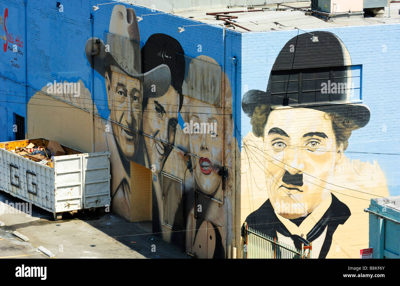 Charlie Chaplin, Marilyn Monroe, Elvis Presley, and John Wayne on Mural Painting Stock Photo