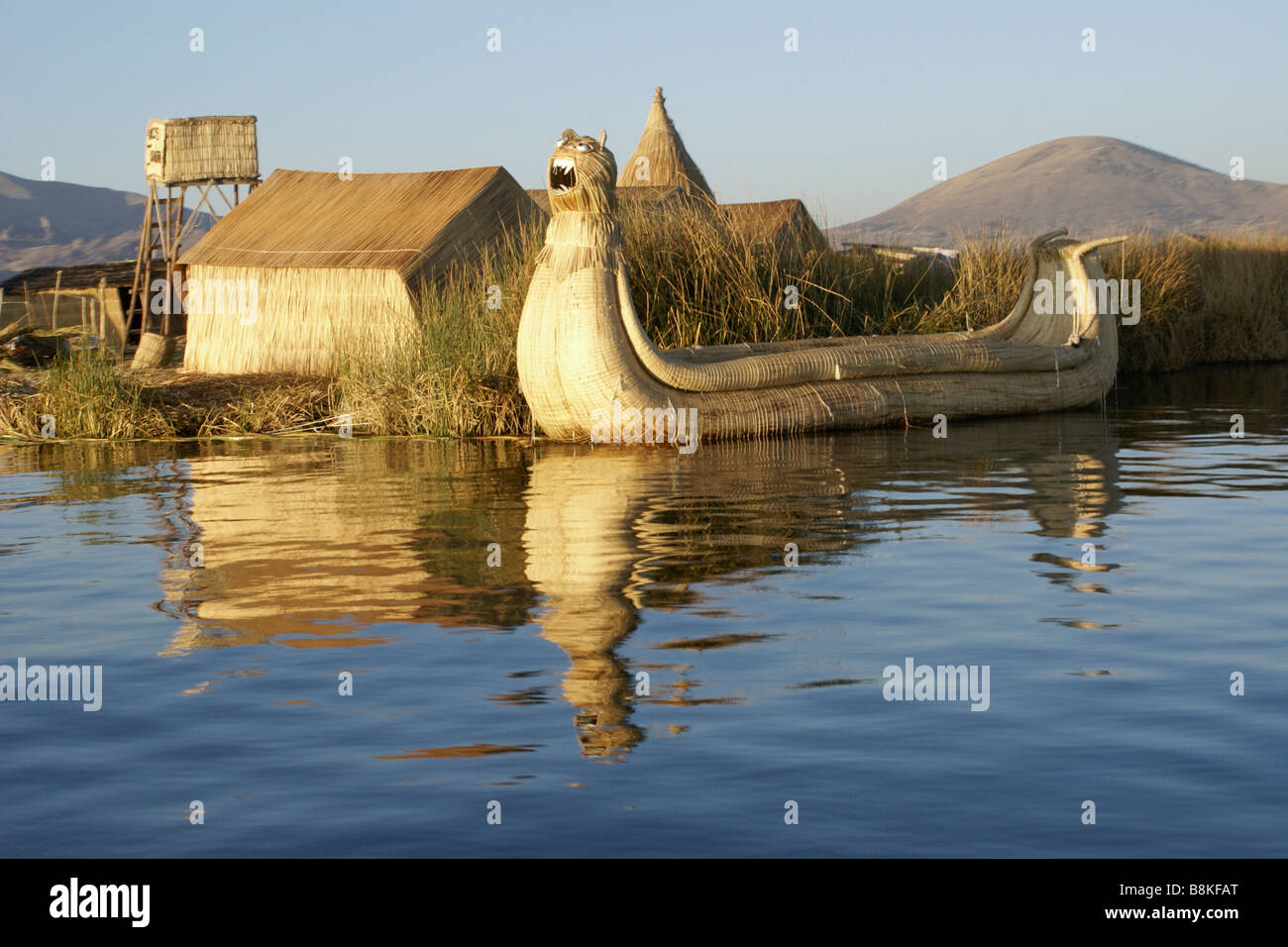 Tortora reed boat and house on floating island of Uros Indians, Lake