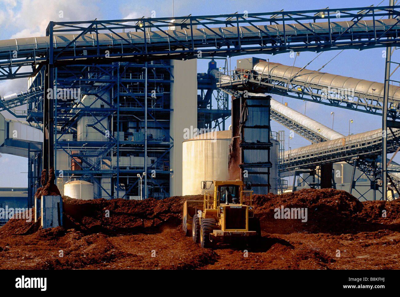 Bulldozer loading wood chip biomass fuel into Florida waste to energy power plant. Stock Photo