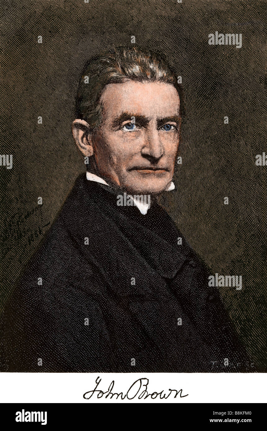 Abolitionist John Brown with his autograph. Hand-colored woodcut Stock Photo