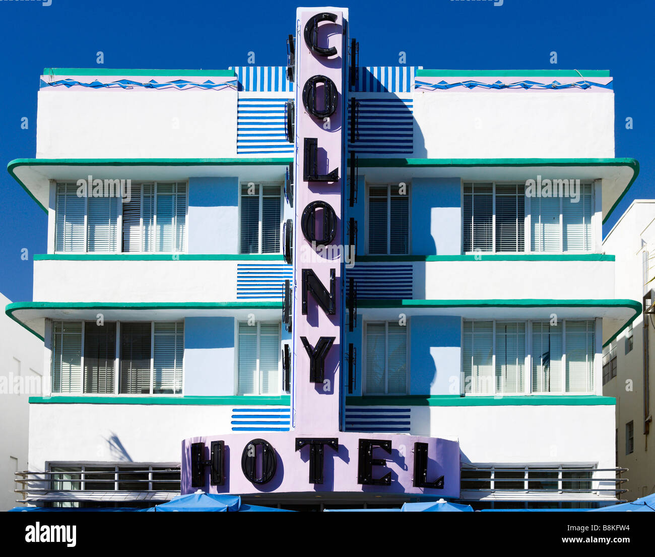The facade of the art deco Colony Hotel on Ocean Drive, South Beach