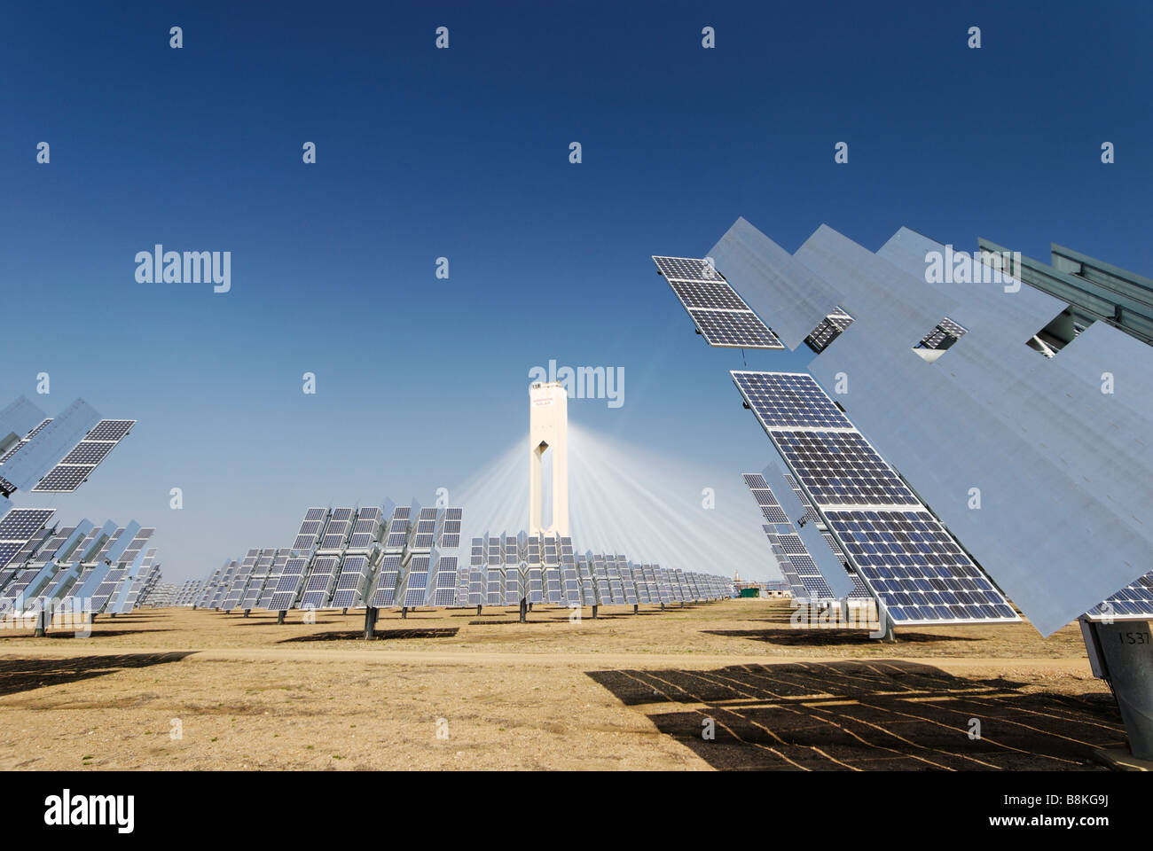 The PS10 solar tower power plant produces clean thermoelectric power from the sun -  Abengoa Solúcar platform in Andalucia Spain Stock Photo