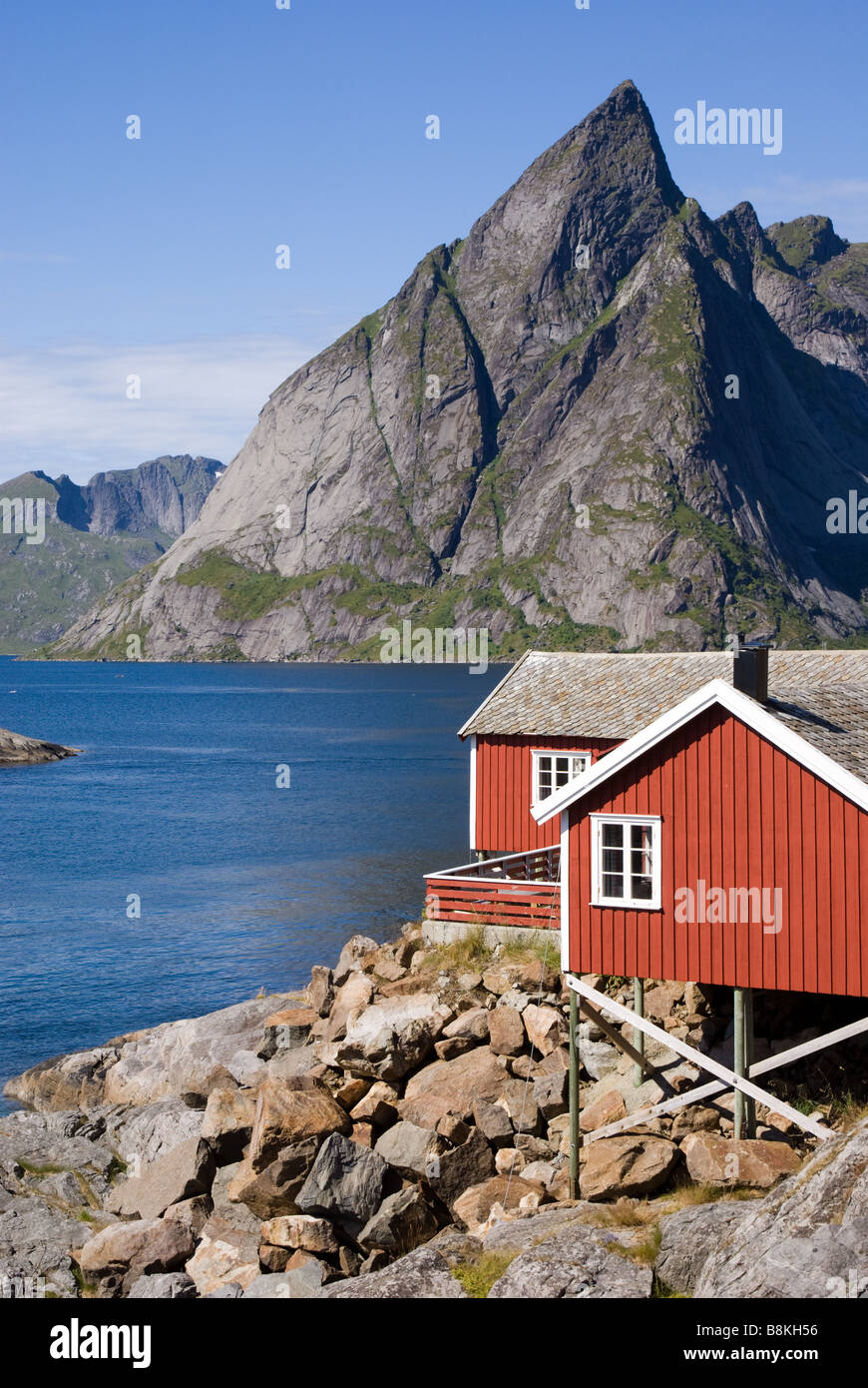 Houses in Hamnøy, Moskenesøya, Lofoten, Nordland, Norway, Scandinavia Stock Photo