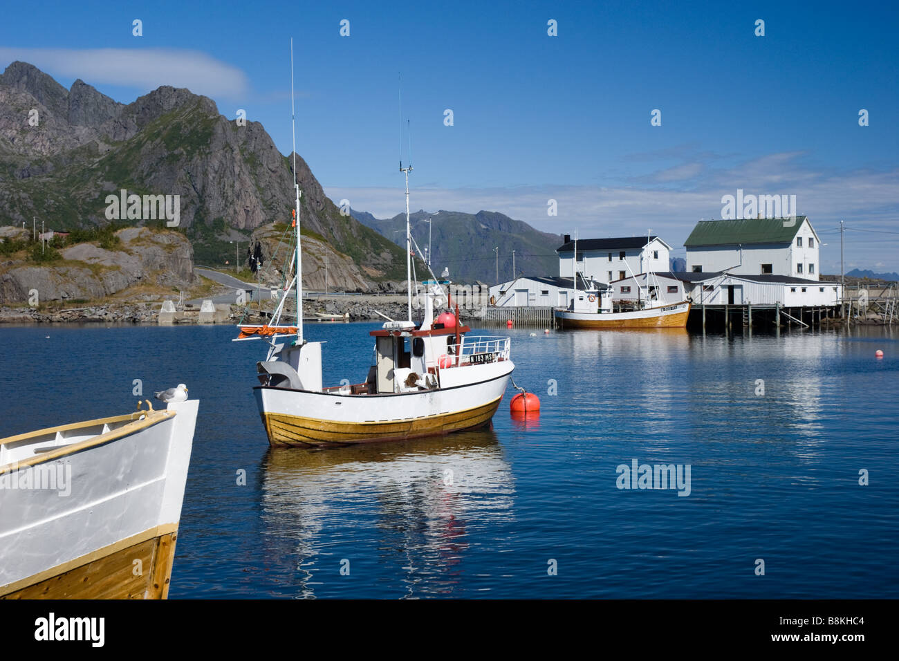 Ships in Hamnøy, Moskenesøya, Lofoten, Nordland, Norway, Scandinavia Stock Photo