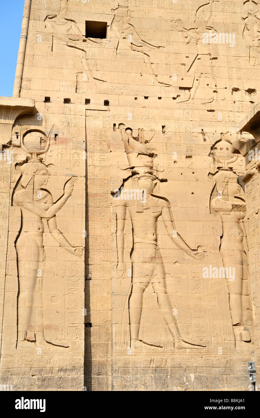 Isis and Horus, first pylon, Temple of Isis, New Philae island, Aswan, Egypt 081121 33281 Stock Photo