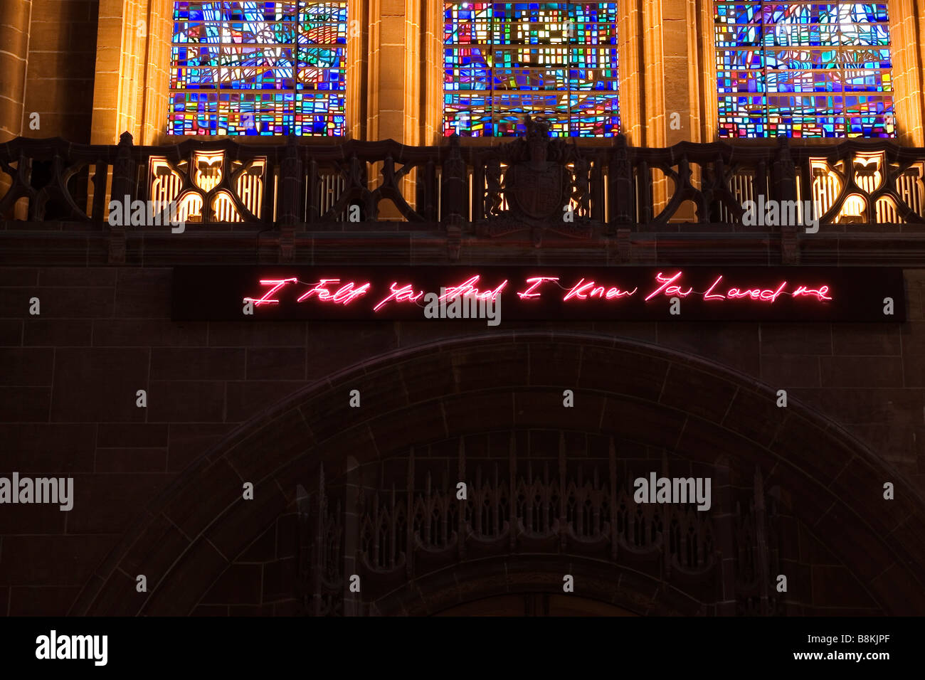 A neon sign inside Liverpool cathedral Stock Photo