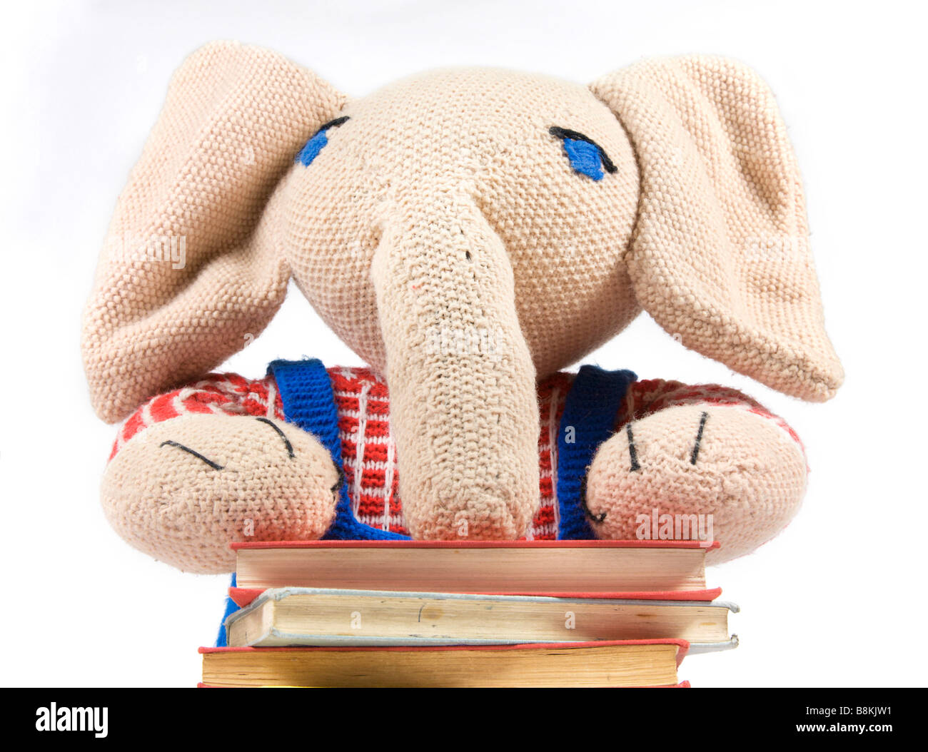 Knitted elephant leaning on a pile of books. Stock Photo