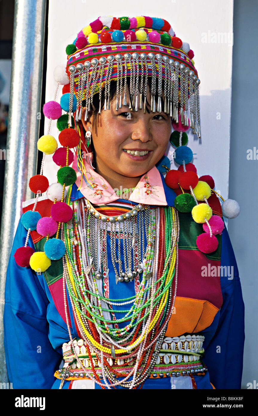 Asia, China,Yunnan, Baoshan. Lisu minority woman in traditional dress at Tengchong festival. Stock Photo