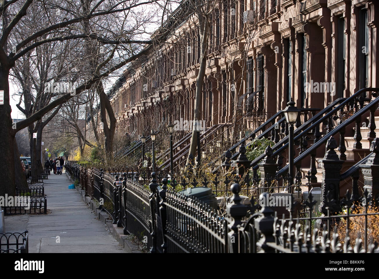 Brooklyn brownstone row houses line a quiet street in the Park Slope
