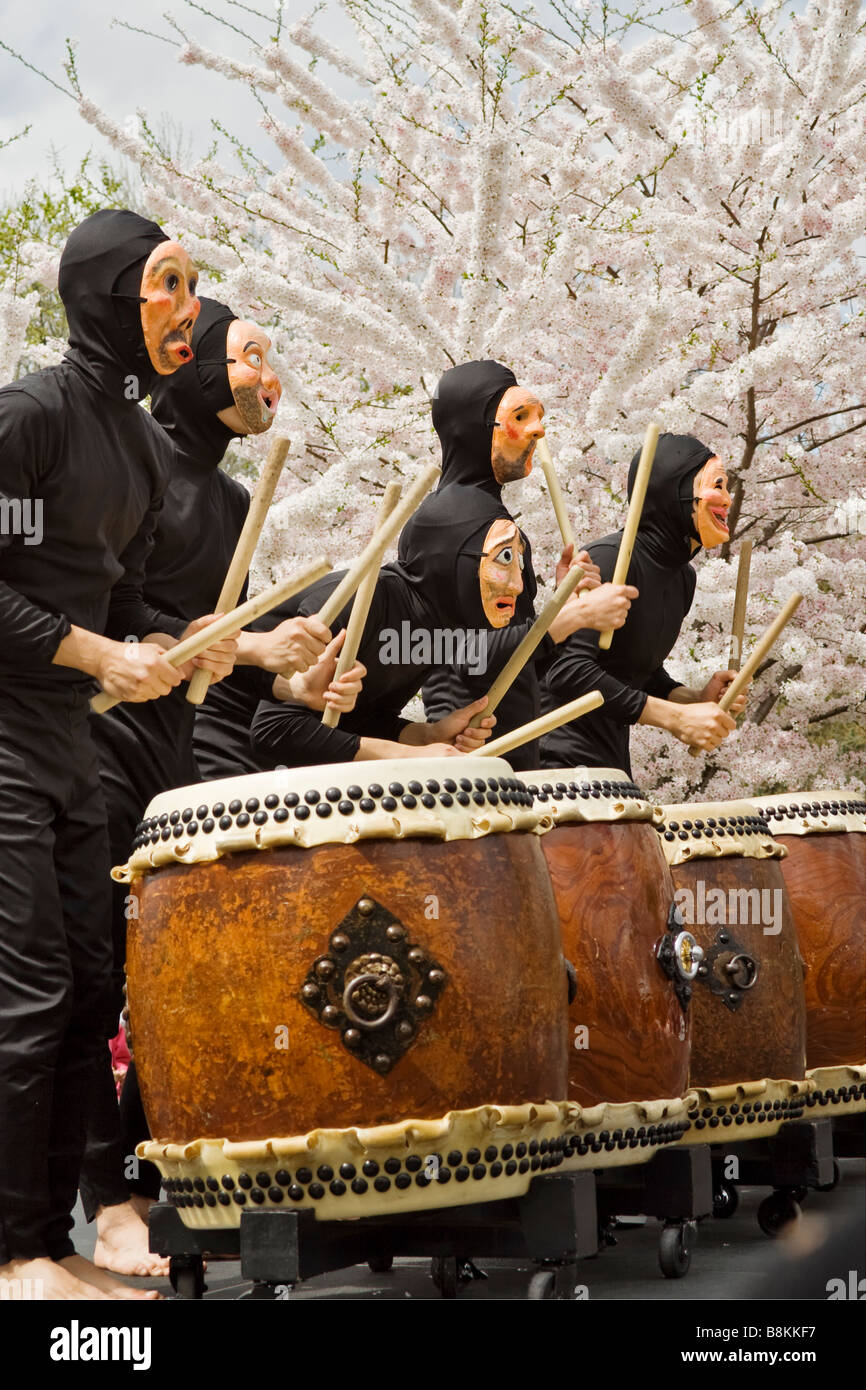Five Japanese drummers performing at the Cherry blossom festival in Philadelphia Stock Photo