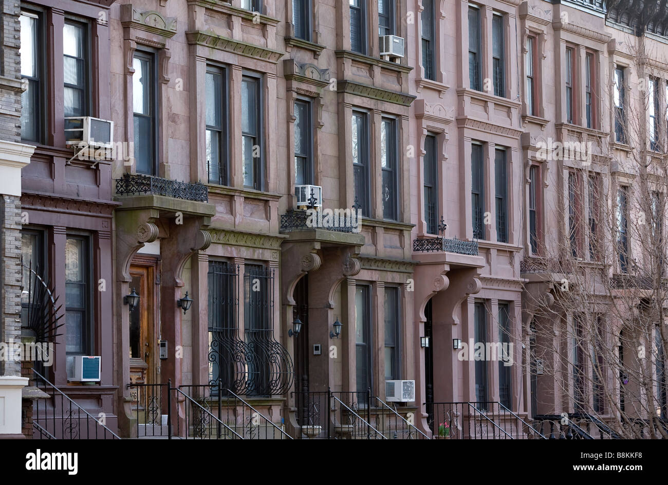 Brooklyn brownstone row houses lined up in the Park Slope section of