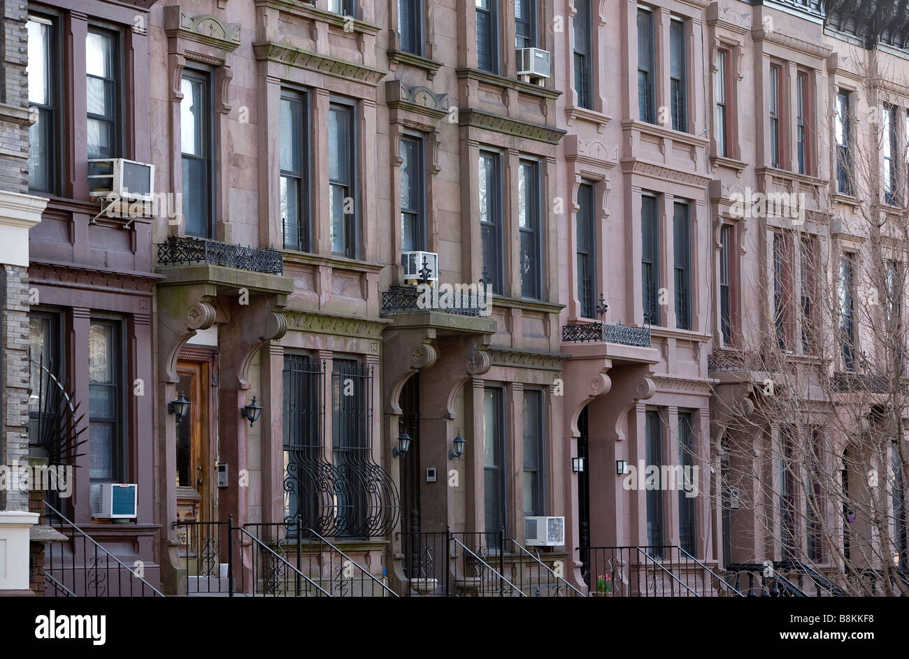 Brooklyn brownstone row houses lined up in the Park Slope section of Brooklyn, NY USA Stock Photo