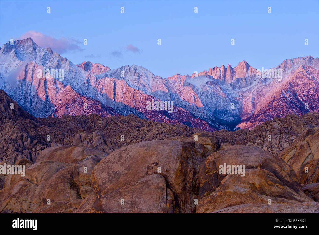 Mt Whitney Lone Pine Peak and the Alabama Hills at dawn after an autumn snow storm Sierra Nevada Mountains California Stock Photo