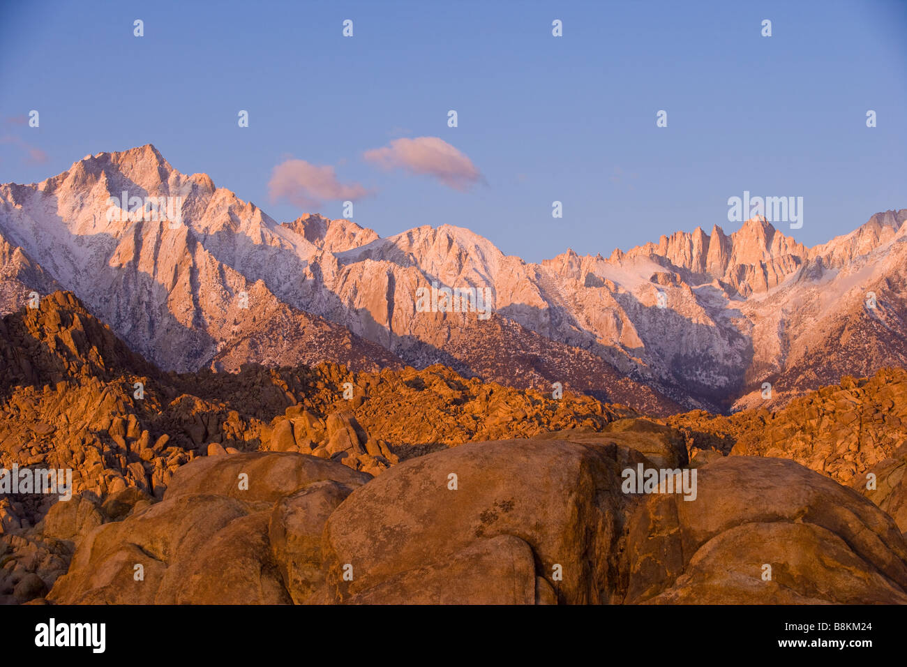 Mt Whitney Lone Pine Peak and the Alabama Hills at dawn after an autumn snow storm Sierra Nevada Mountains California Stock Photo