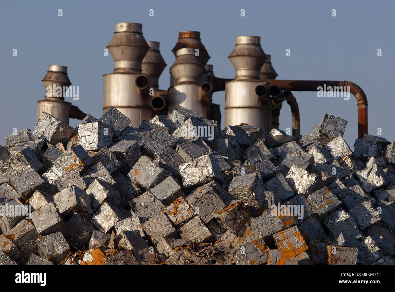 Scrap aluminium which has been recycled into cubes at a recycling centre, Cologne, Germany. Stock Photo