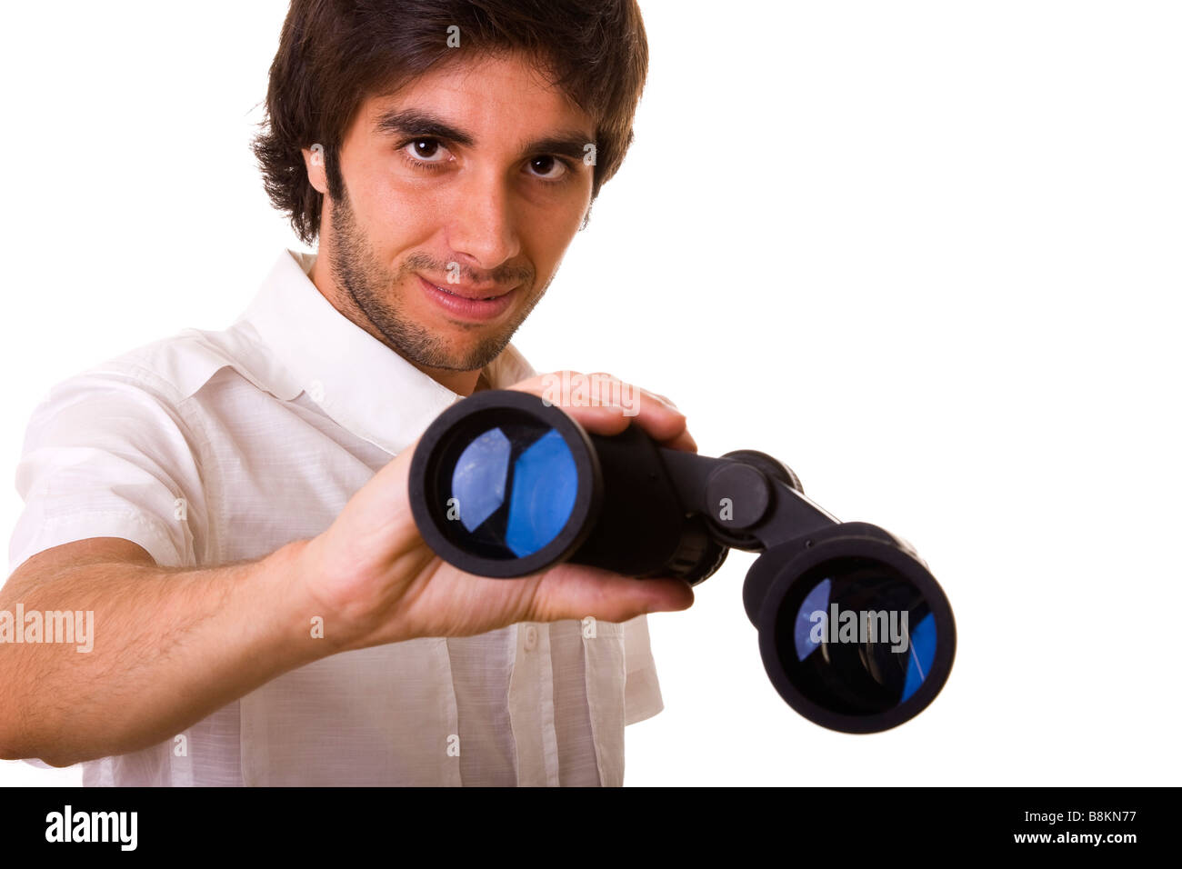 young men giving you the binocular to search isolated on white Stock